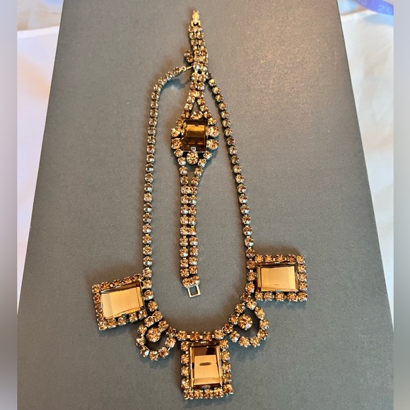 Vintage Necklace Bracelet Set Amber Glass & Rhinestone Rectangular - Picture 6 of 17